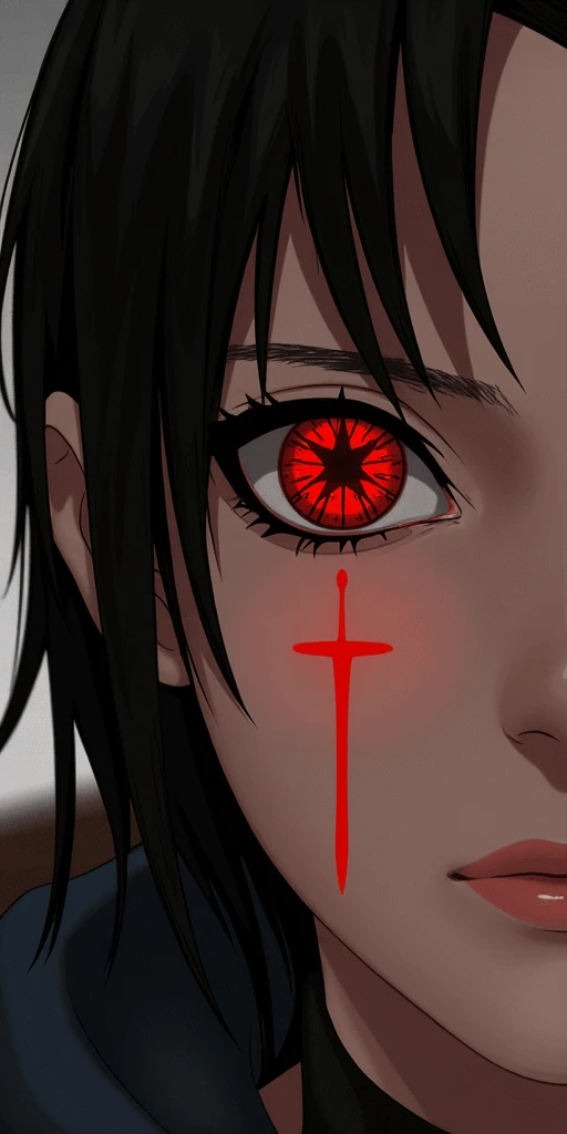 A girl has sharingan_13 in her eyes, upper body, (extremely photorealistic:1.3), masterpiece, real.<lora:sharingan_blend_flux.safetensors:1.0>, 