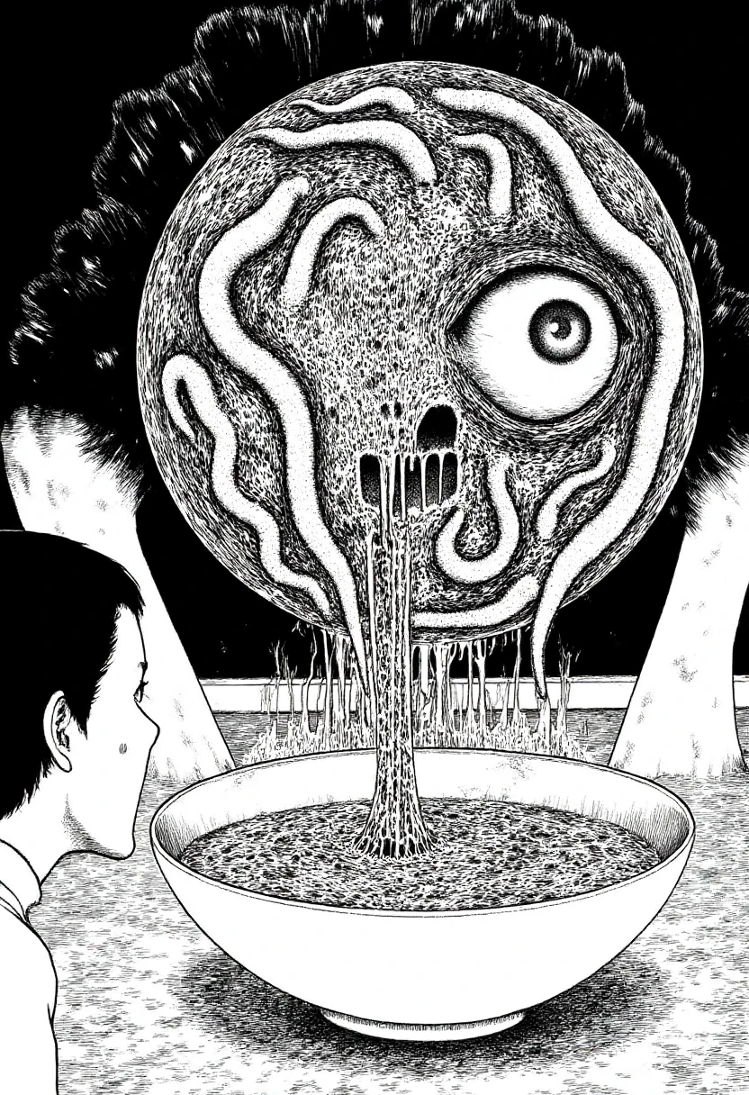 A scared woman looking down into a bowl of soup that is looking back at her with a giant eye and tentacles in monochrome jitostyle.    <lora:Junji_Ito_Style_F1D:1.3>