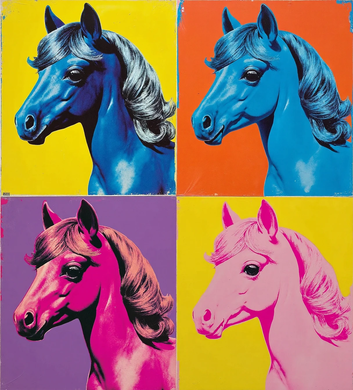 Pop art image of 4 different coloured My little Pony's by Andy Warhol.