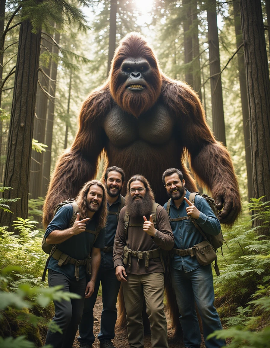 In a sunlit clearing of a dense Pacific Northwest forest, a group of hikers poses for a photo with Bigfoot. The towering, furry creature stands behind them, (bigfoot is playfully holding up two fingers in a joking gesture behind one hiker's head:1.5). The hikers are grinning widely, clearly excited and amused by the unexpected encounter. (Bigfoot's face, with a mischievous smile, shows a rare, friendly side:1.8). Tall trees and lush greenery frame the scene, with sunlight filtering through the branches, adding warmth and a touch of humor to the surreal moment.
<lora:Bigfoot_Character_Design_for_Flux.1_Dev:0.8>