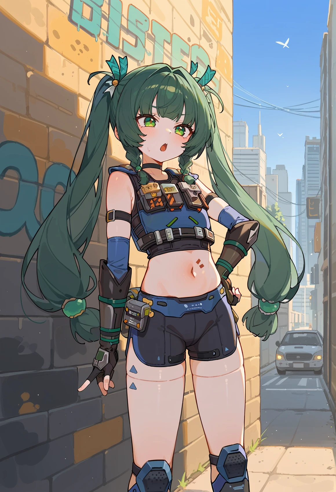 1girl, very long hair, green hair, green eyes, twintails, hair ornament, body markings, humanoid robot, robot joints, armor, load bearing vest, pouch, sleeveless, gauntlets, fingerless gloves, shorts, knee pads, kneehighs, pointing up, hand in own hip, chestnut mouth, outdoors, city, graffiti,   <lora:Qingyi_ZZZ:1>, score_9, score_8_up, score_7_up, score_6_up, score_5_up, score_4_up, BREAK source_anime, masterpiece