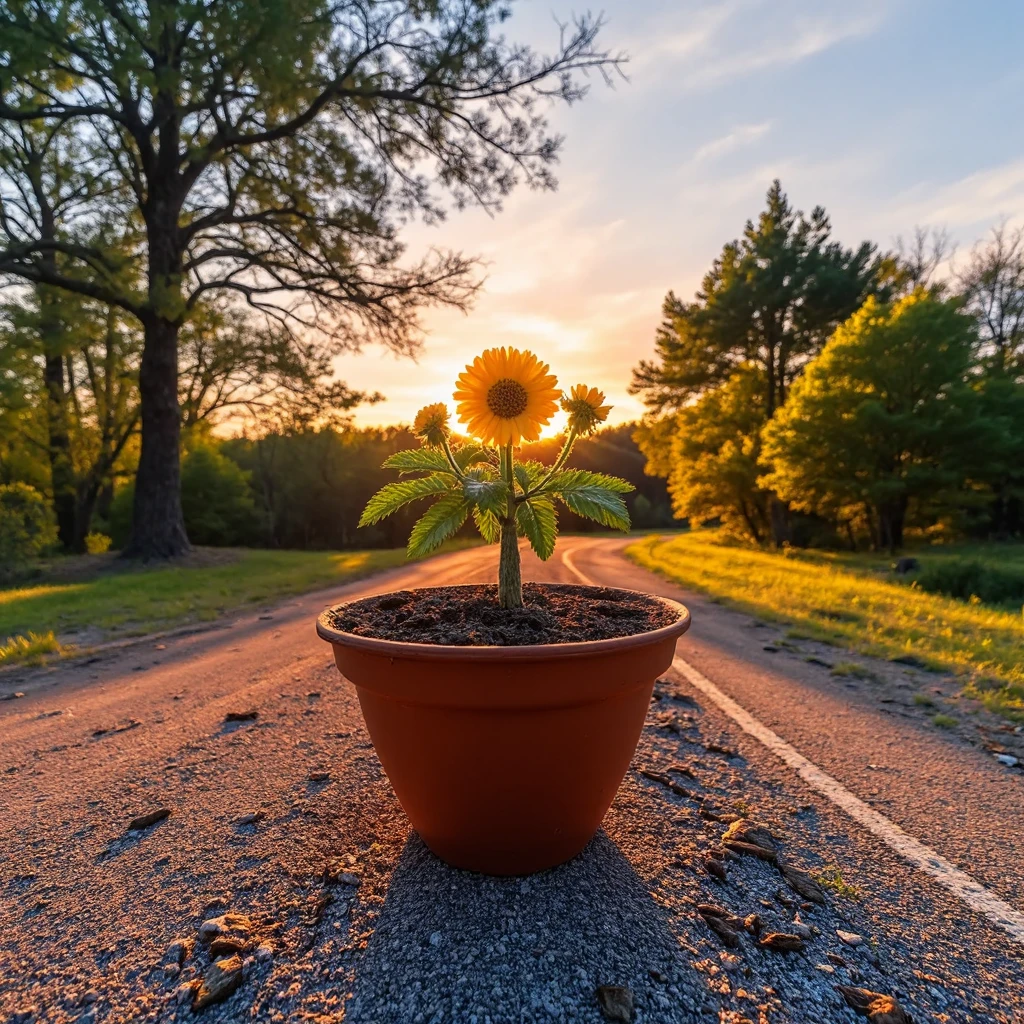 clay pot full of dirt with a beautiful daisie planted in it, shining in the autumn sun on a road in an abandoned desert, fiction, wallpaper,  <lora:Anti-BlurFLUX:1>