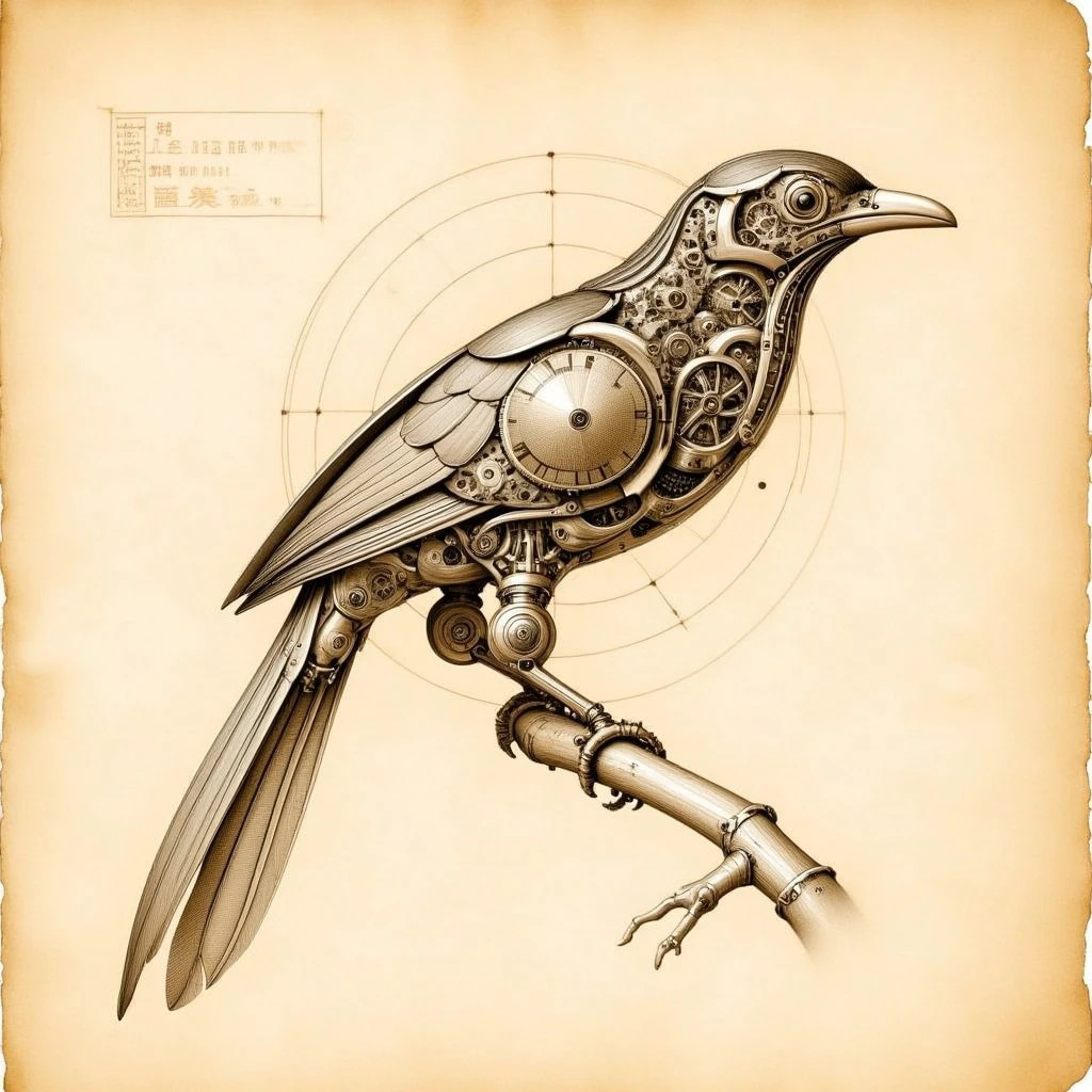 sepia (anatomysketch:1.2) of a (biomechanical:1.2) bird on a branch, highly detailed, leonardo da vinci sketch