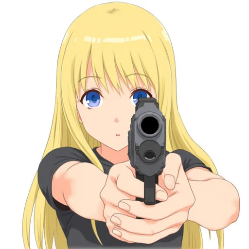 1girl, solo, pointing gun at viewer, gun, blonde hair, long hair, blue eyes, simple background