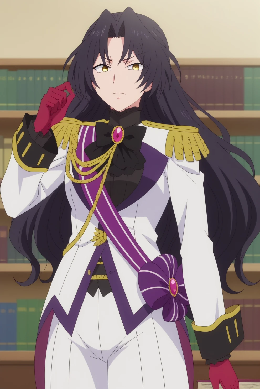 dominique de sade,anime screencap,solo,epaulettes,mature, white jacket,bow,long hair,looking at viewer, indoors,gloves,library,books,pleated eyebrows,consistent background, upper body, holding weapon <lora:Dominique de sade - PDXL2.safetensors:0.8>