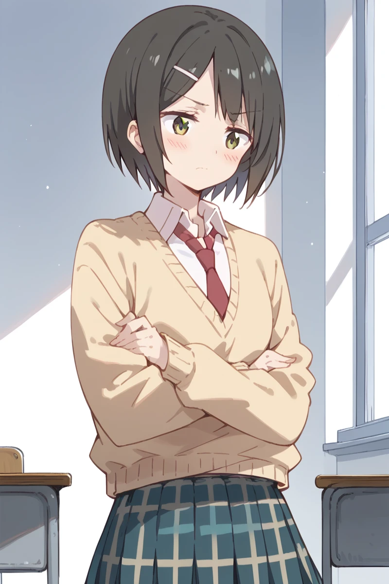 score_9, score_8_up, score_7_up, score_6_up,
 <lora:Kaede_Ikeno:1> kaede, school uniform, 1girl, necktie, hair ornament, skirt, hairclip, short hair, solo, black hair, blush, crossed arms, plaid skirt, sweater, plaid, pleated skirt