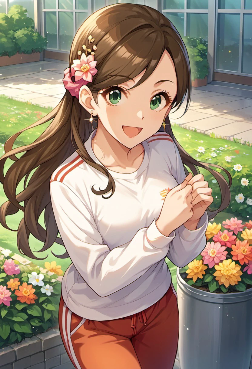 score_9, score_8_up, score_7_up, source_anime, etou misaki, brown hair, long hair, green eyes, 1girl, solo, jewelry, flower, earrings, pants, smile, track pants, scrunchie, open mouth, hair ornament, shirt