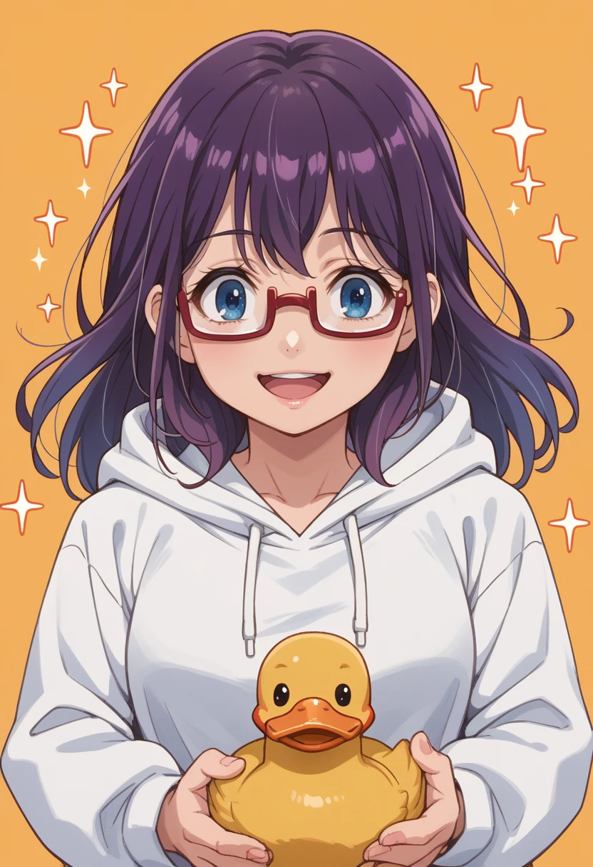 score_9, score_8_up, source_anime, 1girl, solo, TaekoNagafuji, long hair, glasses, white hoodie, from above, excited, sparkles, smile, open mouth, duck, holding animal, <lora:ChamTaekoNagafujiPonyXL:1>