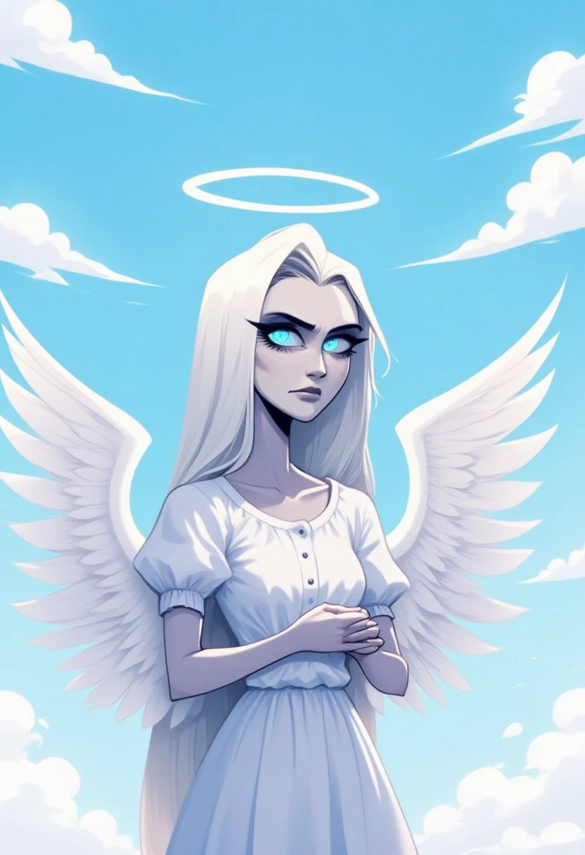 (hhstyle), a woman who is an angel with white angel wings, blue eyes, long white hair, light grey colored skin, and a halo, She is wearing a white dress with short puffy sleeves, white and is putting her hands together. She is on a cloud and there is a blue sunny sky above her.