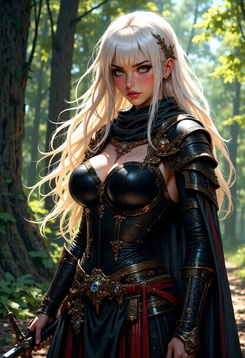 mythp0rt, 1girl, beautiful, white hair, long hair, bangs, fair skin, big breasts, leather armor, sword, forest, dappled sunlight, upper body, looking at viewer, shine, shine of steel <lora:FluxMythP0rtr4itStyle:1>