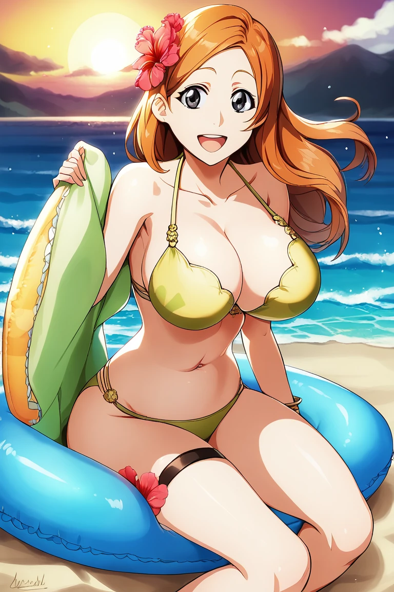 <lora:vslinx_orihime:1> outfit_bbsbikini, vslinxorihime, solo, looking at viewer, smile, open mouth, hair ornament, navel, holding, jewelry, sitting, collarbone, full body, flower, outdoors, hair flower, bracelet, grey eyes, thigh strap, floating hair, ocean, beach, sandals, towel, innertube, sunset, shell, orange sky, seashell