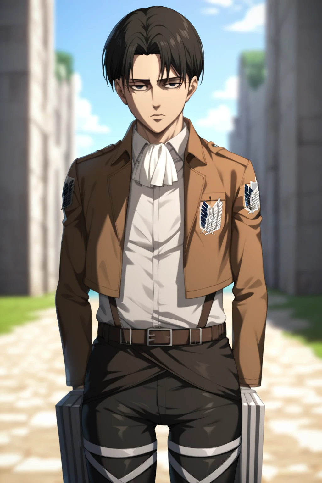 score_9, score_8_up, score_7_up, source_anime, highly detailed, novel illustration, wallpaper, beautiful details,levi ackerman, 1boy, black hair, black eyes, curtained hair, solo, looking at viewer, paradis military uniform, jacket, ascot, survey corps emblem, belt, thigh strap, standing, cowboy shot, outdoors, ,