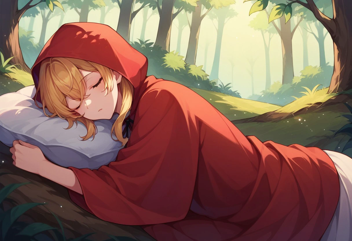 score_9, score_8_up, score_7_up, source_anime, little red riding hood (grimm), sleeping, forest