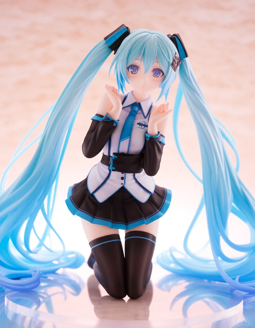 1girl, hatsune miku, vocaloid, solo, :o, bare shoulders, black skirt, black sleeves, black thighhighs, blue eyes, blue hair, blush, collared shirt, detached sleeves, hair ornament, kneeling, long hair, long sleeves, looking at viewer, miniskirt, parted lips, pleated skirt, shirt, skirt, sleeveless, sleeveless shirt, thighhighs, twintails, very long hair, white shirt, wing collar