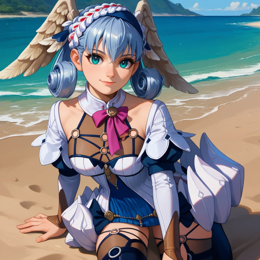 score_9, score_8_up, score_7_up, score_6_up, BREAK <lora:MeliaFConLora1.0:1>meliafc, head wings, crown braid, puffy sleeves, juliet sleeves, long sleeves, o-ring, short dress, thighhighs, dress,medium breasts
,smile,closed mouth,looking at viewer
outdoors,beach,sand,water