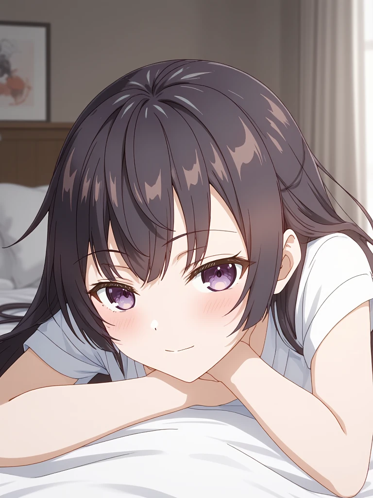 A portrait of YukiSuou with black long hair and purple eyes, lying on a bed with a shy expression while looking away. The cozy bedroom setting features soft lighting, gentle textures of pillows and blankets, and a calming color palette, conveying a sense of shyness and tranquility. Digital painting, intricate, warm tones, smooth textures, high detail, artstation.