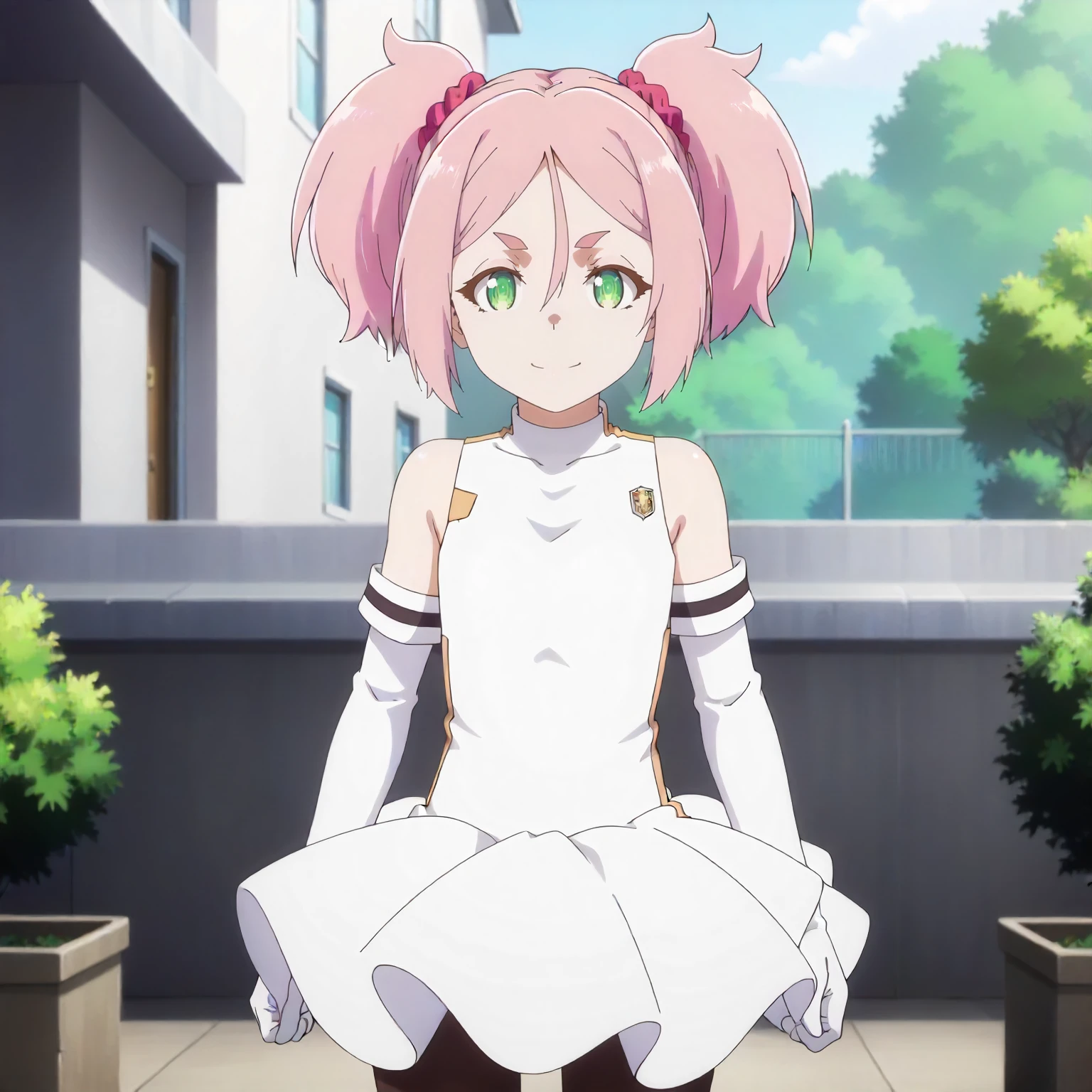 <lora:SSnVR_MomoXLpony001>,
outdoors,nature,
smile,
solo,
Momo,1girl,pink hair,short twintails,hair scrunchie,thick eyebrows,short eyebrows,green eyes,
white dress,sleeveless,
elbow gloves,
pantyhose,
standing,