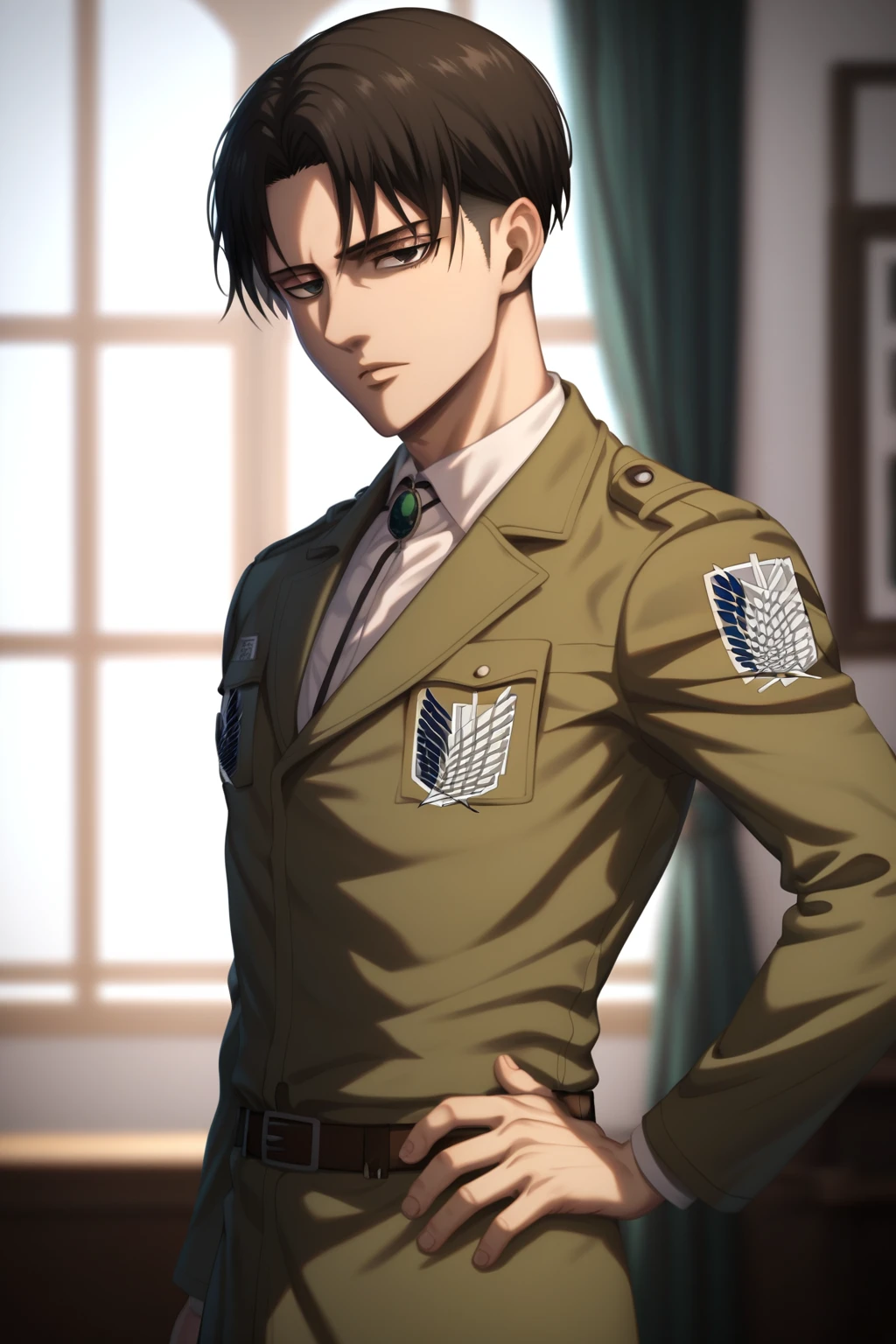 score_9, score_8_up, score_7_up, source_anime, highly detailed, novel illustration, wallpaper, beautiful details,levi ackerman, 1boy, black hair, black eyes, curtained hair, solo, looking at viewer, paradis military uniform, survey corps emblem, cowboy shot, hand on hip, indoors ,