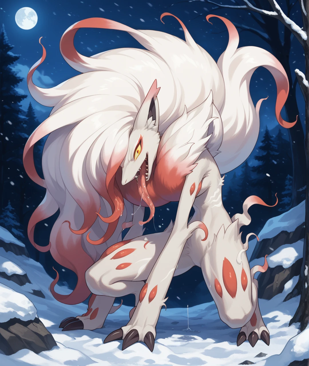 score_9, score_8_up, score_7_up, source_anime, outdoors, night, moonlight, snow, black theme, full body, hisuian zoroark, pokemon, (creature), fox ears, inner ear fluff, yellow sclera, red eyes, skinny, small waist, multicolored hair, white hair, hair over one eye, white fur, body fur, fluffy, chest tuft, two-tone fur, claws, claw pose, flowing mane, hair flowing over, shaded face, fox shadow puppet, dark magic, one knee, looking down, looking at viewer, angry, open mouth, tongue out, long tongue, saliva, saliva drip, sharp teeth, <lora:hisuian-zoroark-000010 8-4:0.8>