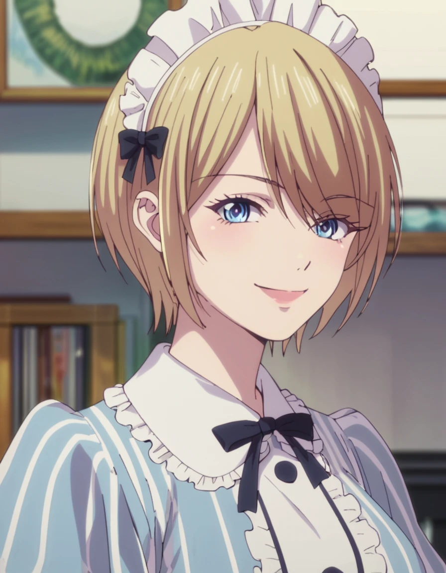 <lora:CafeTerraceGoddesses:1>, score_9, score_8_up, score_7_up, score_6_up, score_5_up, score_4_up, source_anime,  , portrait, smile,  Akane, short hair, blonde hair, blue eyes, maid,