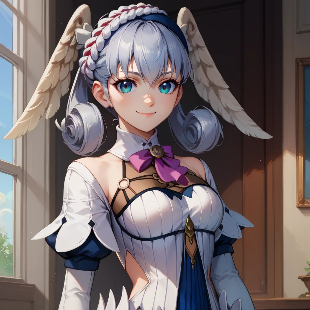 score_9, score_8_up, score_7_up, score_6_up, BREAK <lora:MeliaFConLora1.0:1>meliafc, head wings, crown braid, puffy sleeves, juliet sleeves, long sleeves, o-ring, short dress, thighhighs, dress,medium breasts,
,smile,closed mouth,looking at viewer
indoors