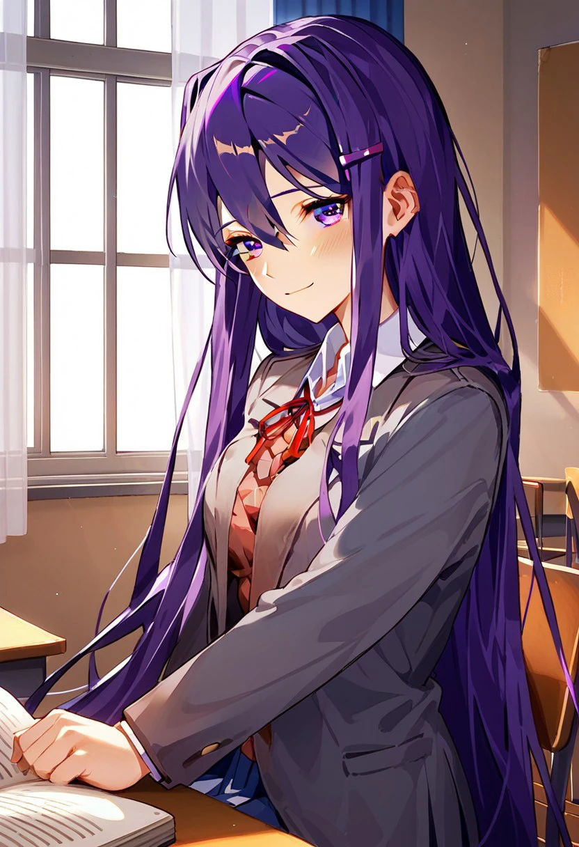 score_9, score_8_up, score_7_up, source_anime, YURI (DOKI DOKI LITERATURE CLUB), 1girl, solo, long hair, looking at viewer, blush, smile, bangs, hair ornament, long sleeves, ribbon, hair between eyes, sitting, very long hair, school uniform, purple eyes, jacket, purple hair, hairclip, indoors, from side, red ribbon, book, window, neck ribbon, chair, curtains, desk, open book, grey jacket, classroom, school desk, school chair, yuri \(doki doki literature club\)