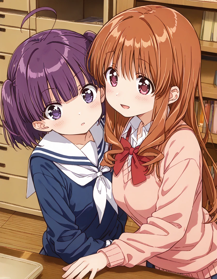 <lora:MorinoKirin_pony_v01:0.8> 2girls, hugging, upper body, leaning forward, official art,
morino kirin, purple eyes,  serafuku, blue shirt, long sleeves, white sailor collar, white neckerchief, 
machiko ryou, pink sweater, red bowtie,