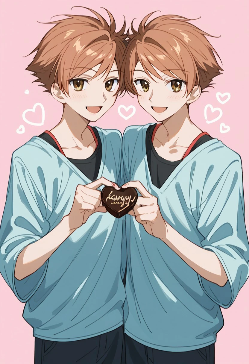 score_9, score_8_up, score_7_up, source_anime, rating_safe, holding heart chocolate, HitachiinOHHC, brown_Hikaru_eyes, brown_Kaoru_eyes, brown_Hikaru_hair, brown_Kaoru_hair, 2boys, twins focus, casual clothes, smile, open mouth, hands with five fingers, happy-cheery, cute wallpaper,