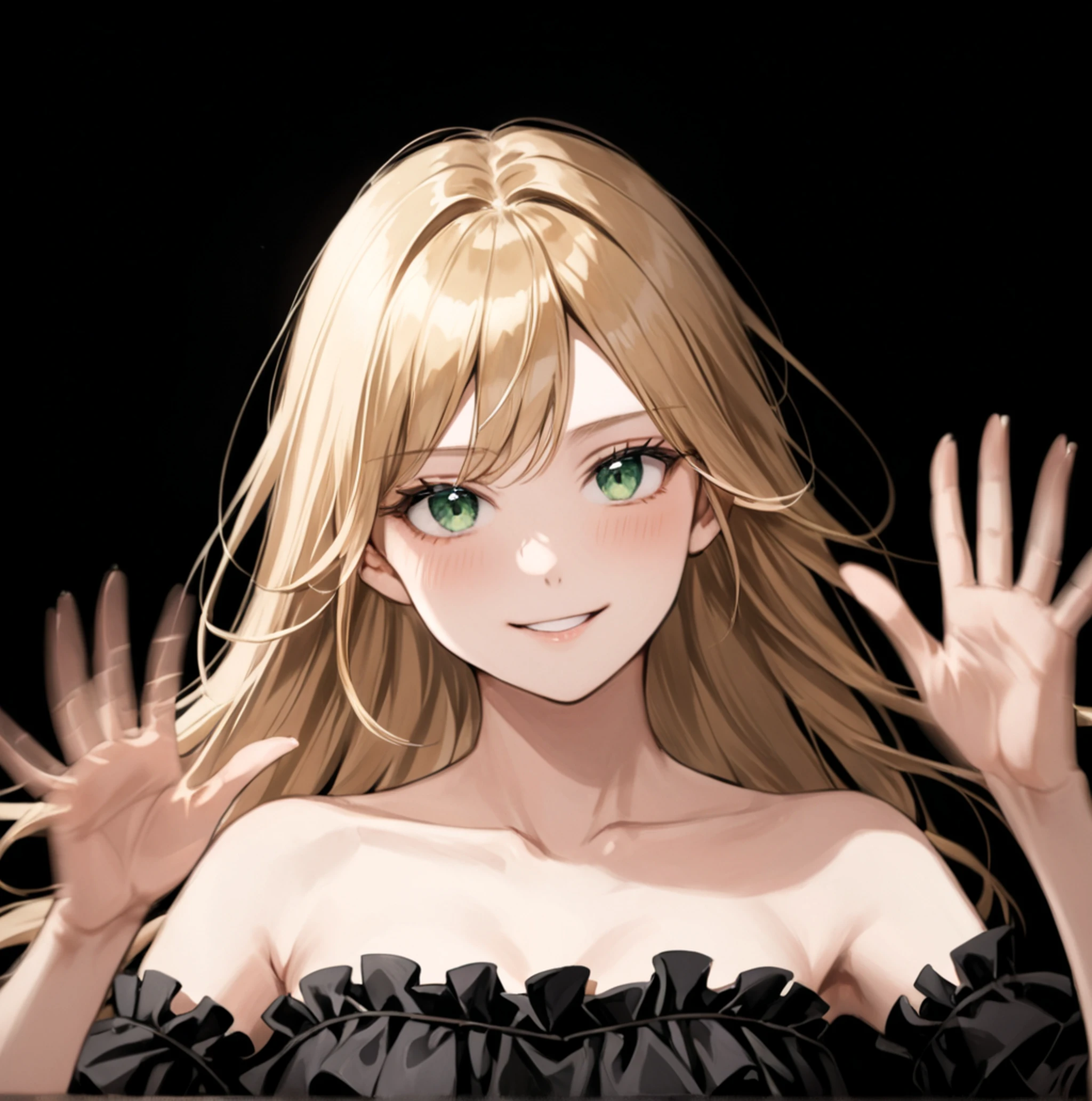 masterpiece, best quality, very aesthetic, absurdres
1girl, blonde hair, green eyes, face, close-up, upper body, long hair, swept bangs, black gothic dress, frilled dress, bare shoulders, (motion blur:1.2), black background, (waving both hands:1.3), smile
<lora:Motion_blur:0.8>