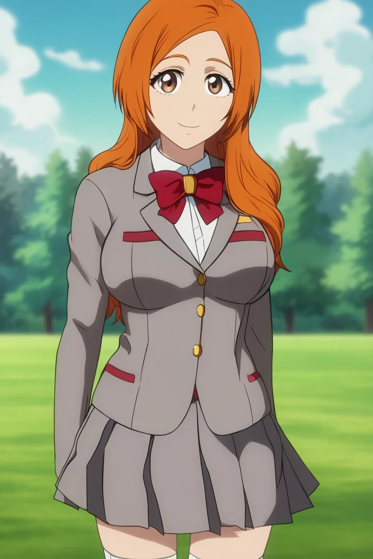 <lora:vslinx_orihime:1> outfit_schooluniform, vslinxorihime, solo, looking at viewer, closed mouth, outdoors, portrait, anime coloring