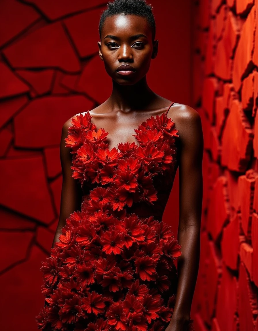 "High resolution image featuring a stunning fashion model dressed in an elegant ensemble inspired by the natural world and earth tones. The model's skin is highlighted with intricate details that capture her unique features and heritage. The attire consists of a dress that appears to be made from nature-inspired materials, ranging from crimson to deep red hues. The background is depicted as a reddish-toned backdrop with raw textures representing broken walls, creating an atmospheric effect. This composition enhances the model's beauty and showcases her versatility in fashion and style.". <lora:rMada - Enhance Realistic Photo - v4:1>,