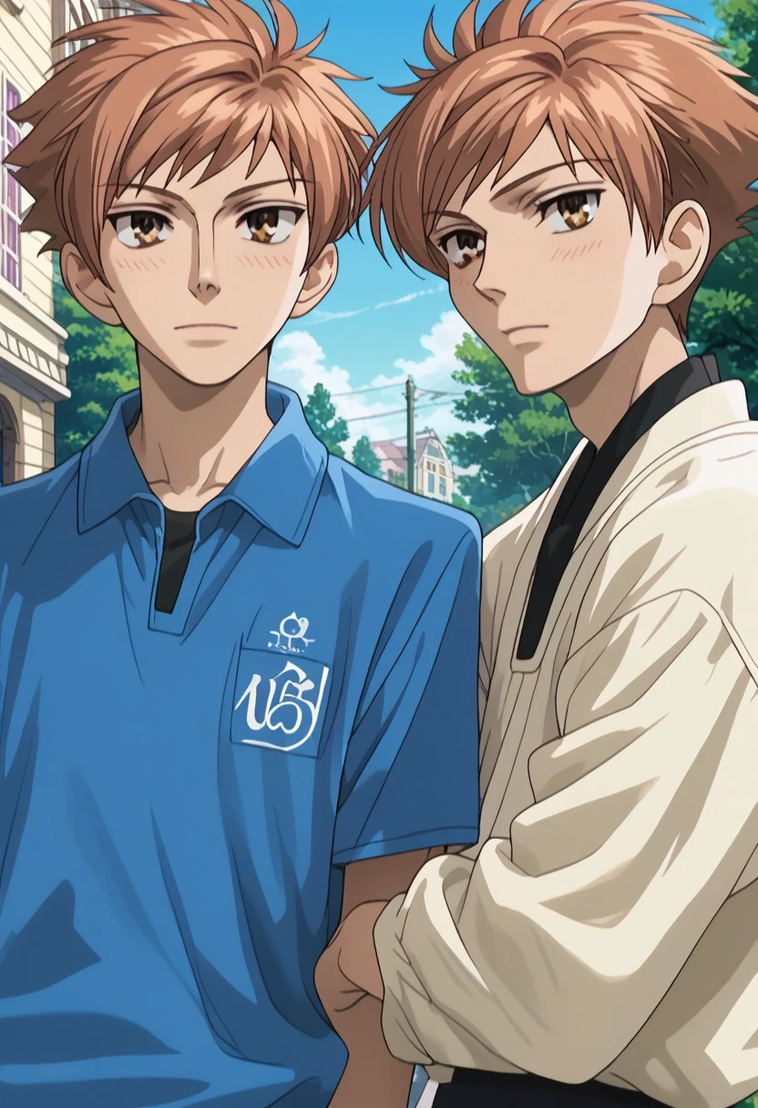 score_9, score_8_up, score_7_up, source_anime, rating_safe, HitachiinOHHC, brown_Hikaru_eyes, brown_Kaoru_eyes, brown_Hikaru_hair, brown_Kaoru_hair, 2boys, twins focus, anime screencap,