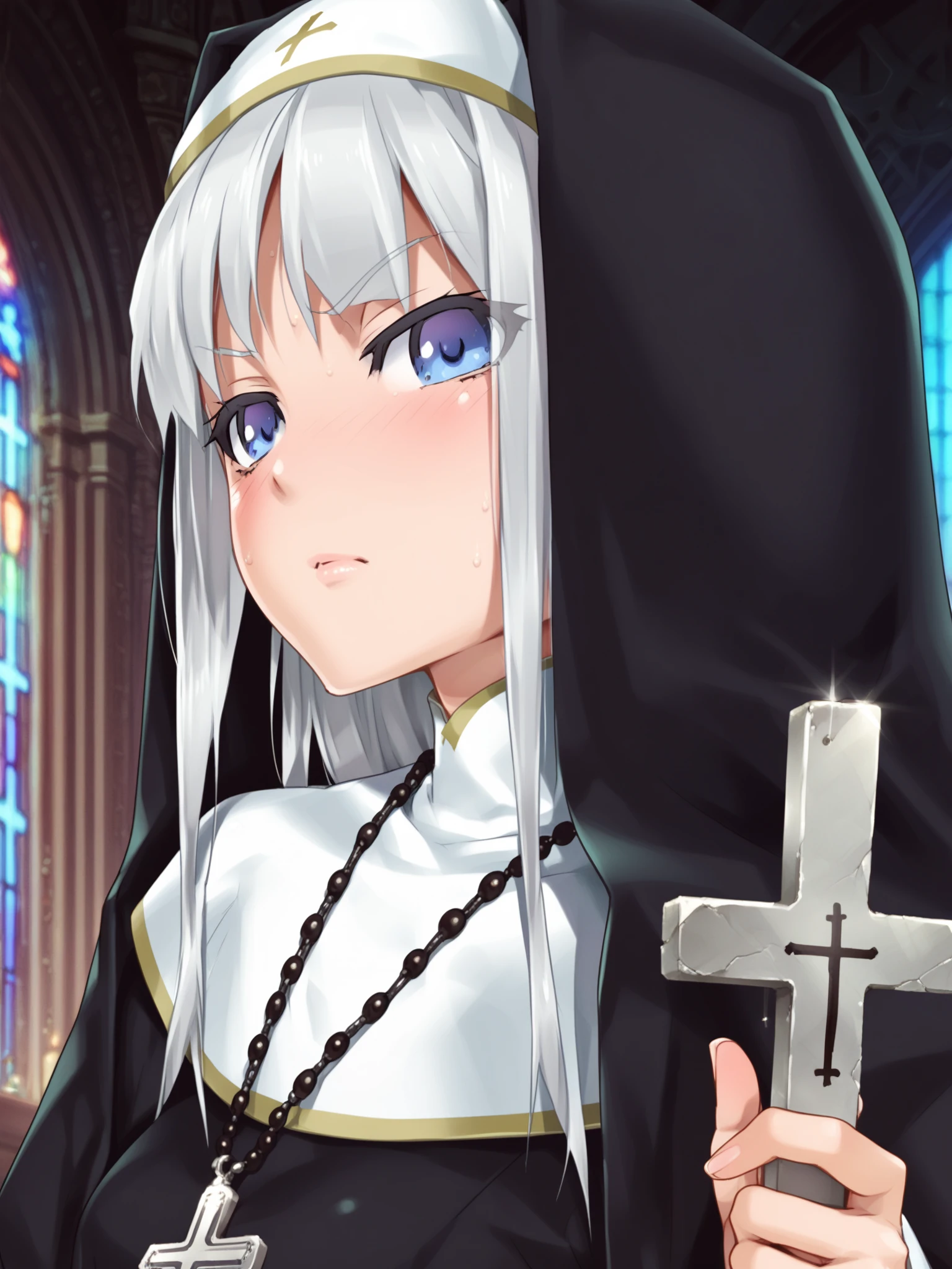 <lora:happy_tentacle-kirie-v0.2-000020:0.8>, ht_kirie, (silver hair:0.6) (blue eyes:0.6), nun, habit, necklace, rosary, church, hood up , 1girl, solo, upper body , , ((drunk:0.8) :1.1), , looking back , , , score_9, score_8_up, score_7_up, score_6_up, score_5_up, score_4_up