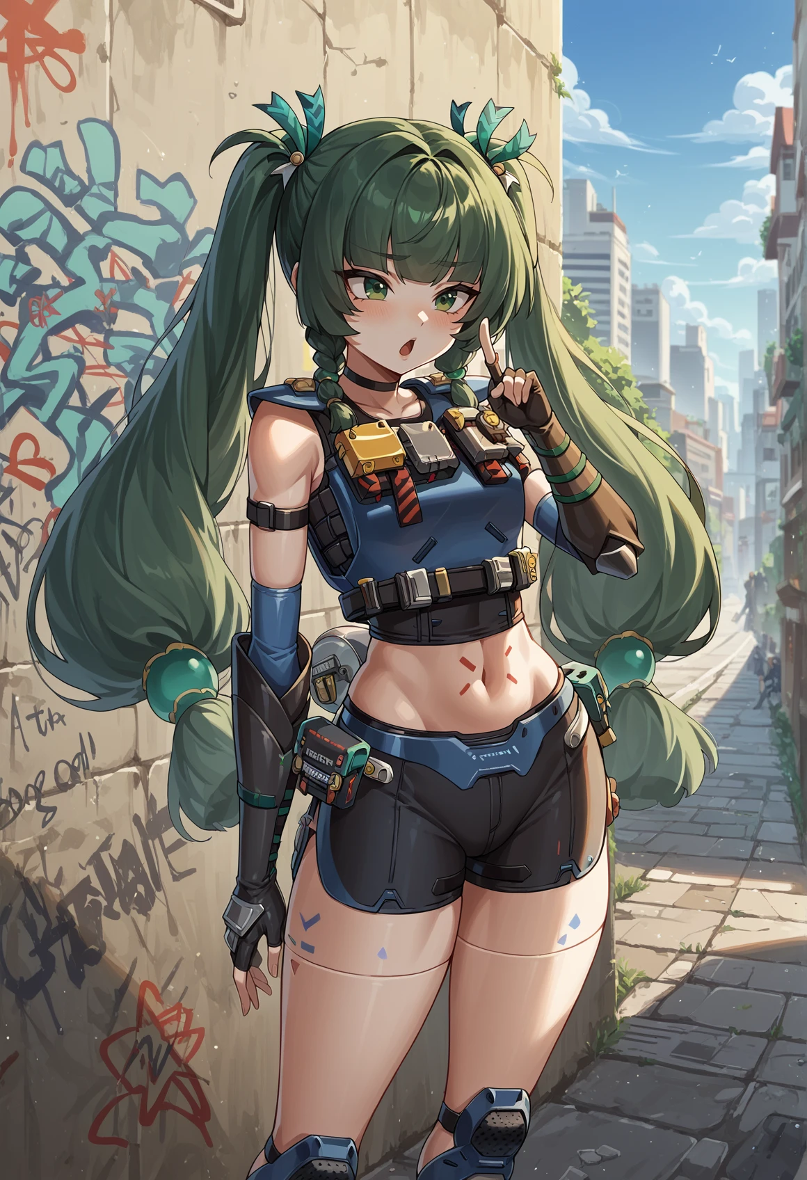 1girl, very long hair, green hair, green eyes, twintails, hair ornament, body markings, humanoid robot, robot joints, armor, load bearing vest, pouch, sleeveless, gauntlets, fingerless gloves, shorts, knee pads, kneehighs, pointing up, hand in own hip, chestnut mouth, outdoors, city, graffiti,   <lora:Qingyi_ZZZ:1>, score_9, score_8_up, score_7_up, score_6_up, score_5_up, score_4_up, BREAK source_anime, masterpiece