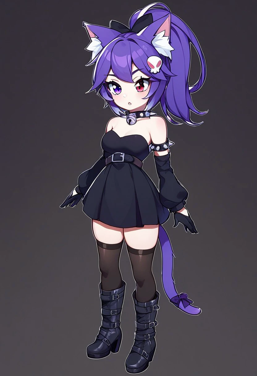 score_9, score_8_up, score_7_up, score_6_up, 
Totless, Totlessvtuber, Totlessdre5s, 1girl, solo, long hair, breasts, hair ornament, red eyes, thighhighs, gloves, dress, animal ears, bare shoulders, standing, purple eyes, tail, full body, ponytail, purple hair, boots, parted lips, detached sleeves, belt, black thighhighs,black dress, detached sleeves, ponytail, onepiece, skirt, long boots, buckles, spiky buckles, cat ears, black footwear, black dress, high heels, collar, cat tail, animal ear fluff, strapless, bell, heterochromia, short dress, cat girl, black background, pale skin, strapless dress, jingle bell, neck bell, spikes, high heel boots, tail ornament, spiked collar, skull hair ornament, tail bow, arm belt, belt boots