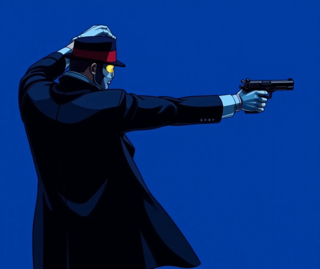 cowboy bebop style, q \(street fighter\), from side, metal helmet mask, black hat, black fedora, glowing yellow eyes, black trench coat, red tie, white undershirt, white gloves, pointing gun to the side in an artistic fashion, hand on own head, one arm up holding brim of hat, one arm out aiming gun to the side, 

q is in a cowboy bebop styled image where he's pointing a gun horizontally to represent one of the more icon show images,

dark blue image overlay tinting, blue background, retro artstyle, cowboy bebop, stylized blue