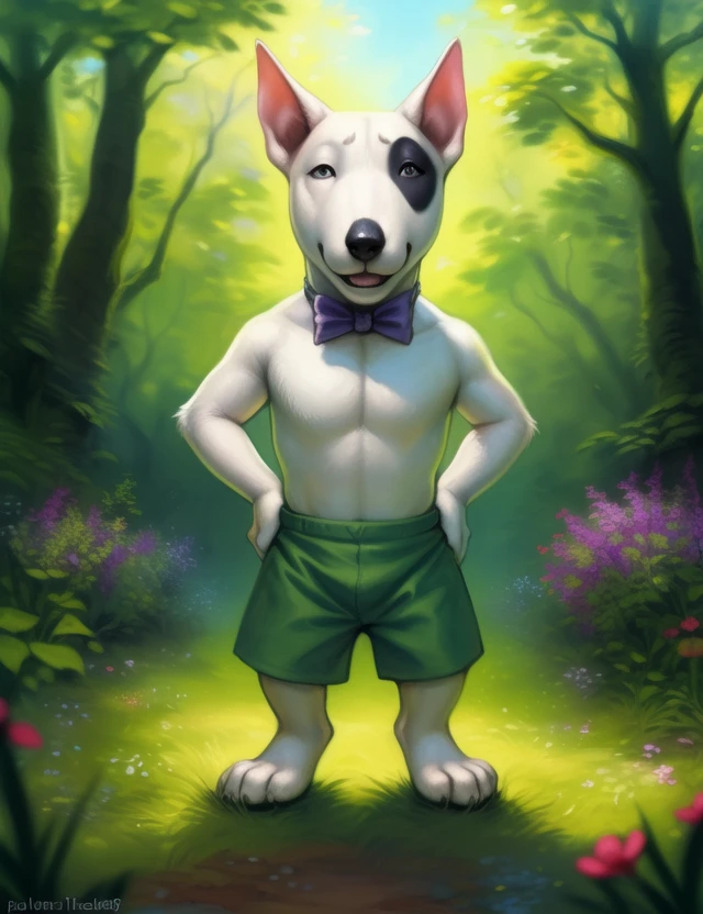 <lora:PochiDogTetsuYif:1> PochiDogTetsu, Bull terrier, green shorts, bow tie, black spot on the eye, chibi,
Looks at the viewer,  (Hands on hips, standing,)
[ large window, (nature), forest, grass, day shining, clouds, flowers, blanket, blue pillows, candles, bed, pillows, ]
(beautiful, aesthetic, perfect, delicate, intricate, saturated colors), masterpiece, digital drawing, best quality,
[by kenket|by totesfleisch8], by thebigslick:by silverfox5213:0.8], [by syuro, by paloma-paloma::0.2, (Tricksta, TotesFleisch8)