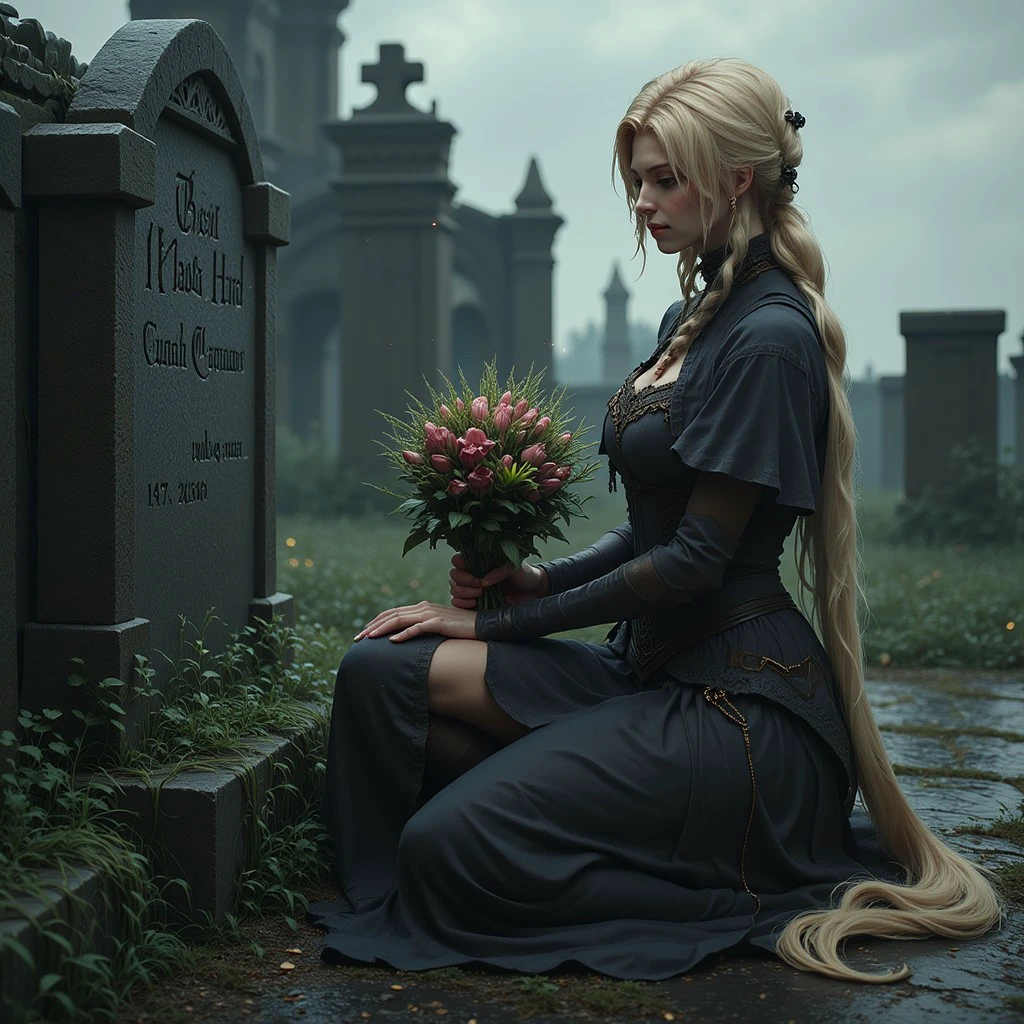 d4arks0uls, dark medieval fantasy, a blonde woman with a solemnly kneeling by a gravestone, she's holding a bouquet of flowers and has a sad smile on her face, her hair is tied in a long ponytail and her dress is intricate but dirty, the weather is overcast and there is a light mist surrounding the dilapidated gravestones