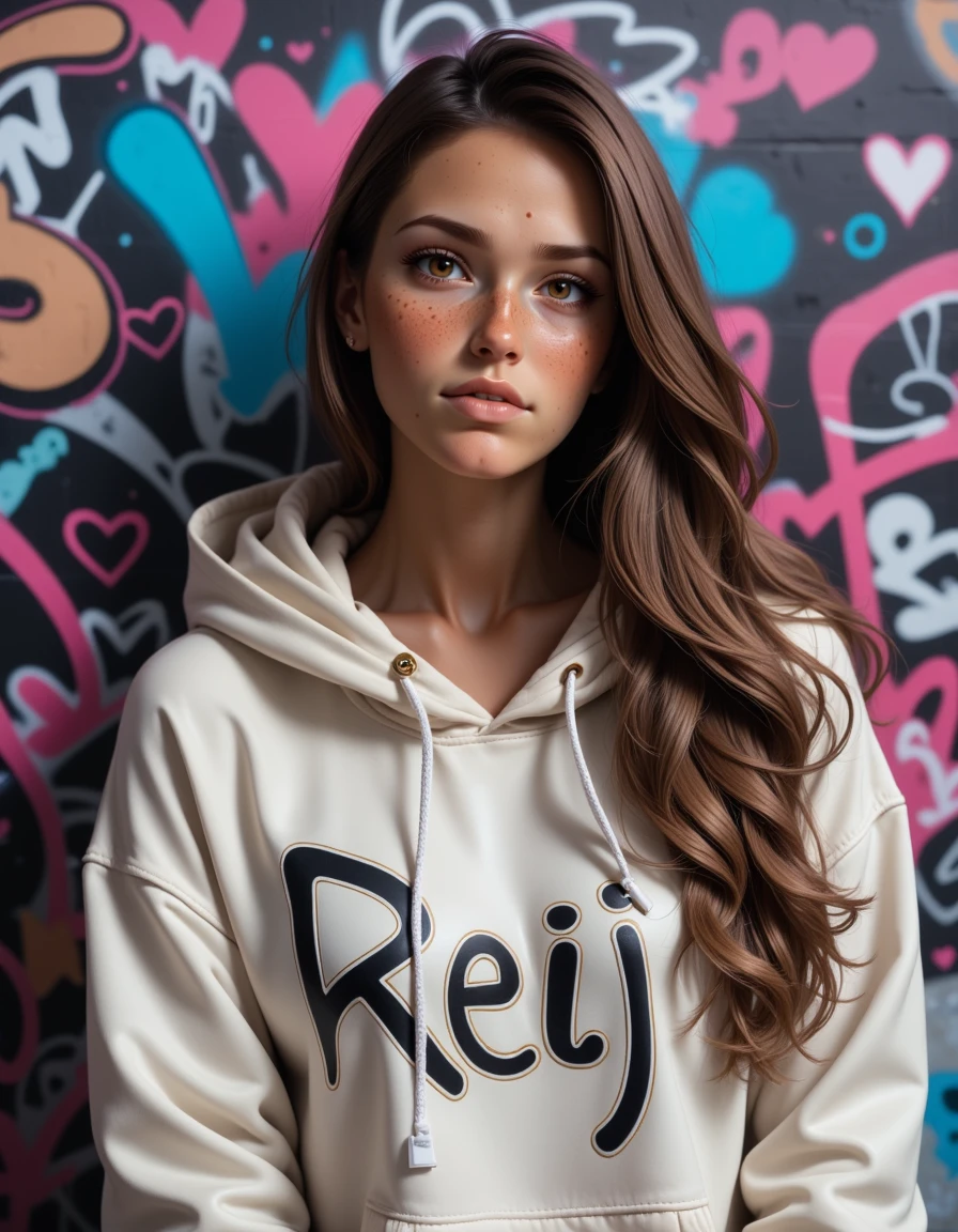 1woman is dllj02,soft freckles, brown hair, long hair, soft smile, joy, <lora:FLUX_Dolleij02-000009:1>, graffiti street style, etched stone, deep rich colors, highly detail, great light, sharp focus, elaborate, (dressed in an oversized hoodie with the sign "Reij":1.2)