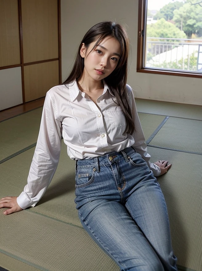 <lora:add_detail:0.2> <lora:ReaLora:0.4> (realistic, photorealistic:1.3), 
1girl, asian, 
looking at viewer, shirt, pants, leaning back, lying, 
 <lora:JPN_OldApartment-v1:0.5> indoors, (tatami:1.2)