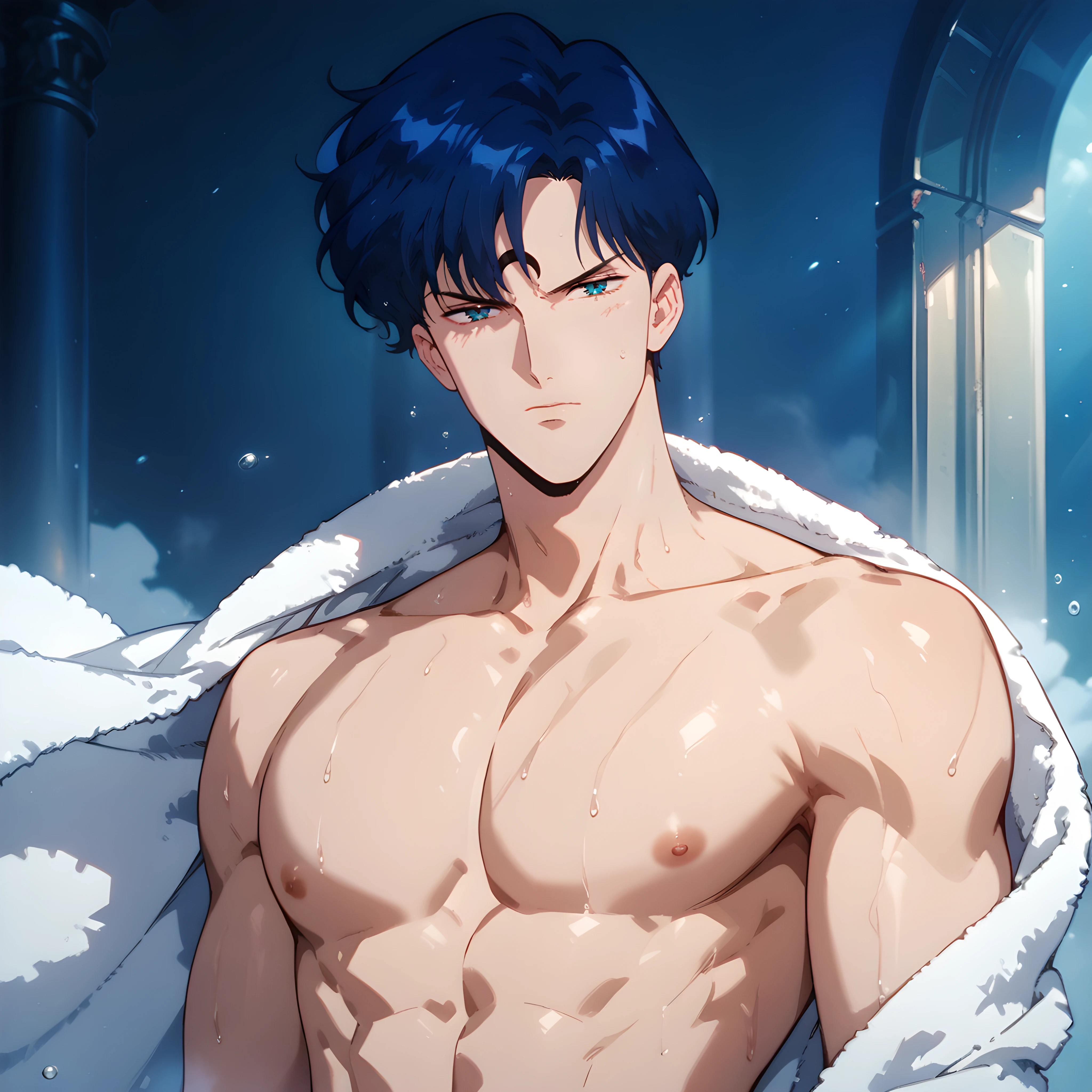 score_9, score_8_up, score_7_up, score_6_up, score_5_up, score_4_up, 1boy, male focus, looking at viewer, <lora:Sapphire_Sailor_Moon:0.9> sapphire, glaring, blue hair, blue eyes, crescent facial mark, slim, (completely nude:1.1), (wrapped in a towel:1.1), lots of details, best aesthetic, masterpiece, best quality, absurdres