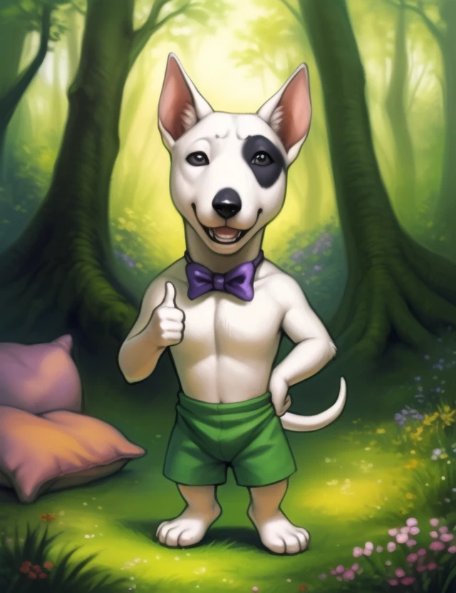 <lora:PochiDogTetsuYif:1> PochiDogTetsu, Bull terrier, green shorts, bow tie, black spot on the eye, (chibi,) grin
 Looks at the viewer, (Hands on hips, thumbs up)
[ large window, (nature), forest, grass, day shining, clouds, flowers, blanket, blue pillows, candles, bed, pillows, ]
 (beautiful, aesthetic, perfect, delicate, intricate, saturated colors), masterpiece, digital drawing, best quality, 
[by kenket|by totesfleisch8], by thebigslick:by silverfox5213:0.8], [by syuro, by paloma-paloma::0.2, (Tricksta, TotesFleisch8)