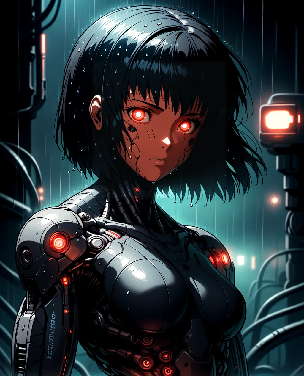 1girl, solo, cyborg, deep red eyes, warm skin color, short hair, cable, science fiction, breasts, mechanical parts, glowing spots on body, looking at viewer, upper body, android, black hair, robot joints, closed mouth, bangs, dark theme, glow, neon, wet, rain, night, soft expression, cyberpunk art, neogeo, saturated, high contrast, halftone effect <lora:RetroAnimeRedux_epoch_10:1>  <lora:mecha:.5> mecha