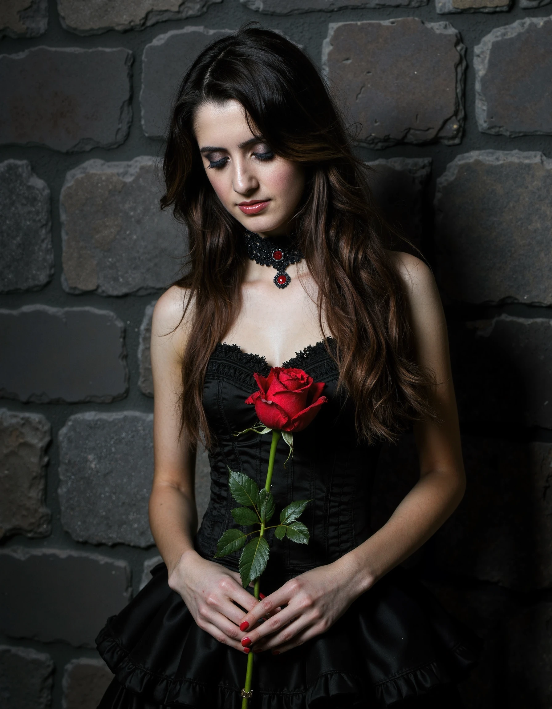 In this professional studio headshot, a young woman lauramaurano stands with a proud yet somber demeanor, illuminated by a hard studio light that casts sharp, defined shadows, emphasizing the high-quality, dramatic nature of the shot. The intense lighting brings out every detail of her elegant gothic attire, adding a striking contrast to the scene. Her long, dark brown hair flows down her back in soft, natural waves, slightly tousled, giving her an intriguing mix of strength and vulnerability. The hard light accentuates her striking features, with smokey eye makeup deepening the shadows around her expressive brown eyes, giving her a haunting, enigmatic gaze. She is dressed in a tight black corset top that cinches at her waist, accentuating her petite frame and standing out sharply against her pale skin. The intricate lace detailing on the corset is highlighted by the studio light, adding texture and sophistication to her gothic ensemble. Her skirt is long and flowing, composed of layered black fabric that drapes down to the floor, with the light capturing the depth and texture of the dark material. Around her neck, she wears a black choker necklace, intricately designed with red gemstones that glint under the studio light, adding a subtle yet vibrant touch to her otherwise dark attire. Her expression is serious and introspective, her eyes cast downward in a contemplative gaze, as if lost in thought. In her hands, she holds a single, velvety red rose, its delicate petals starkly contrasting with her gothic outfit. The rose, captured in the bright studio light, stands out as a vivid symbol of both beauty and fragility. The backdrop is a dark, richly textured stone wall, its surface sharply defined by the studio lighting. The hard light highlights the contours of the stone, creating pronounced shadows that add depth and intensity to the scene. The overall ambiance is dramatic and high-contrast, with the woman embodying a sense of haunting elegance and introspection
