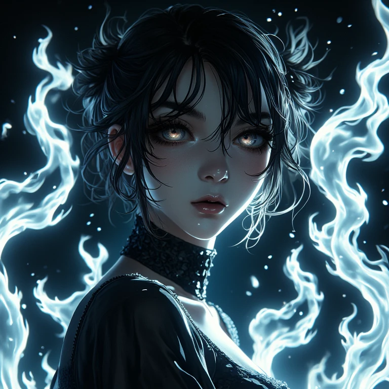 masterpiece,high resolution,super realistic, ,cinematic lights,realistic flames,
, <lora:OnFire_9_flux:0.8>,
onfire,
white flames,
, gothicstylenext, 1girl, Goth girl, gothicstyle, goth makeup,,solo,close up,beautiful face,dark makeup,dark lips,dark clothes,
<lora:Gothic_haunted_world_r1:0.6>