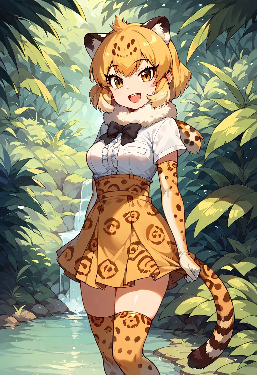 1girl, ((solo)) best quality, ultra-detailed, extremely detailed, perfect anatomy, masterpiece, score_9, score_8_up, score_7_up, jaguar (kemono friends), animal ears, jaguar ears, blonde hair, short hair, bangs, jaguar print, multicolored hair, tail, jaguar tail, white shirt, frills, skirt, high-waist skirt, print skirt, fur collar, center frills, gloves, elbow gloves, print gloves, short sleeves, black bowtie, thighhighs, animal print, print legwear, shoes, open mouth smile, happy, looking at viewer, in the jungle, jungle river, jungle with a river background, standing, hands at sides,