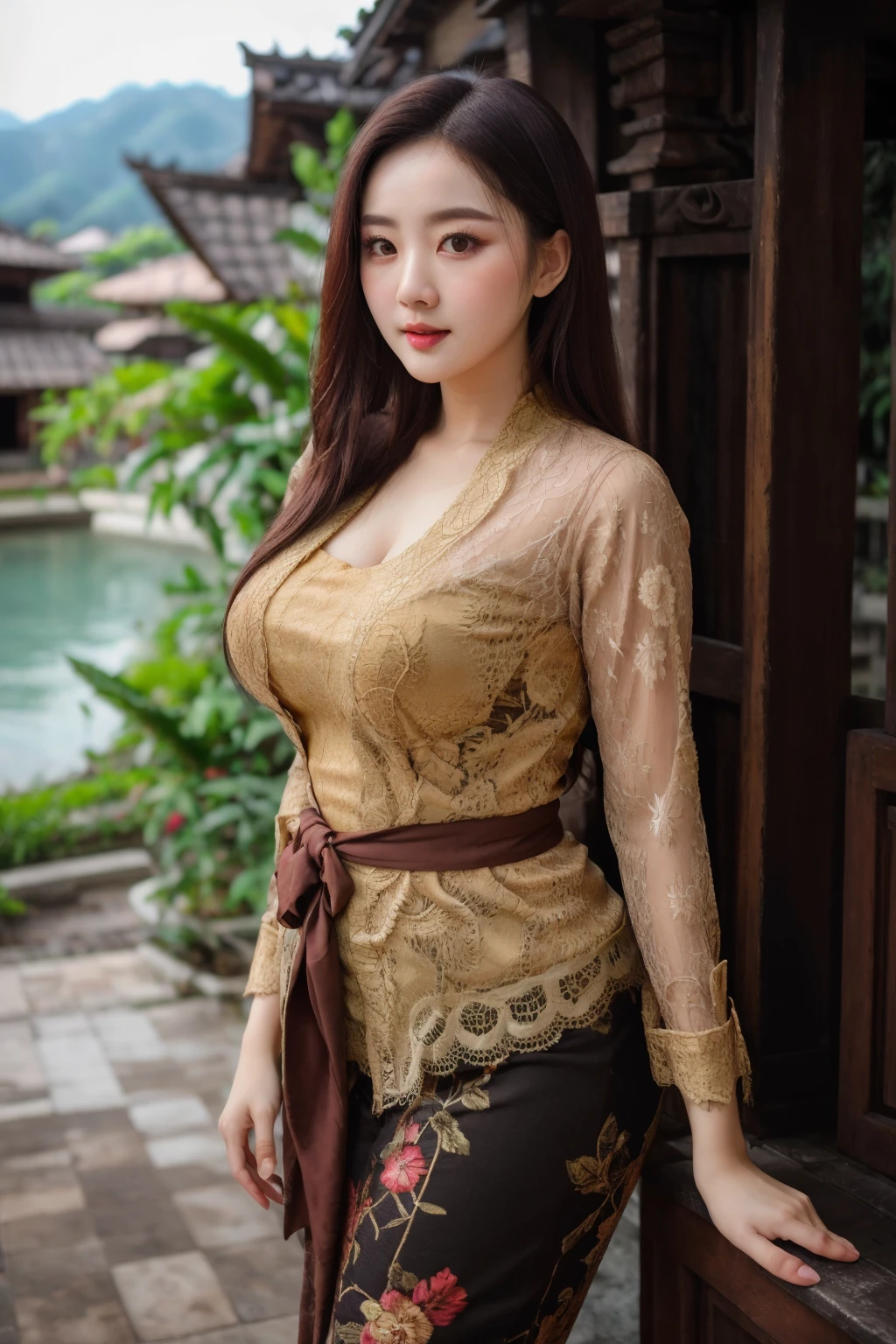 ((best quality)), absurdres, ((ultra high res)), a woman with hourglass figure, perfect face, beautiful face, sultry face, kebaya, elegant, graceful, carming, outdoors, curvy, looking at viewer, high detailed, <lora:kebaya:0.6>