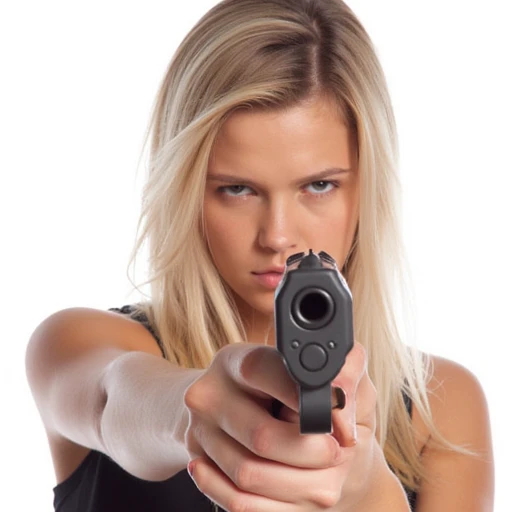 1girl, solo, pointing gun at viewer, gun, handgun, holding weapon, simple background