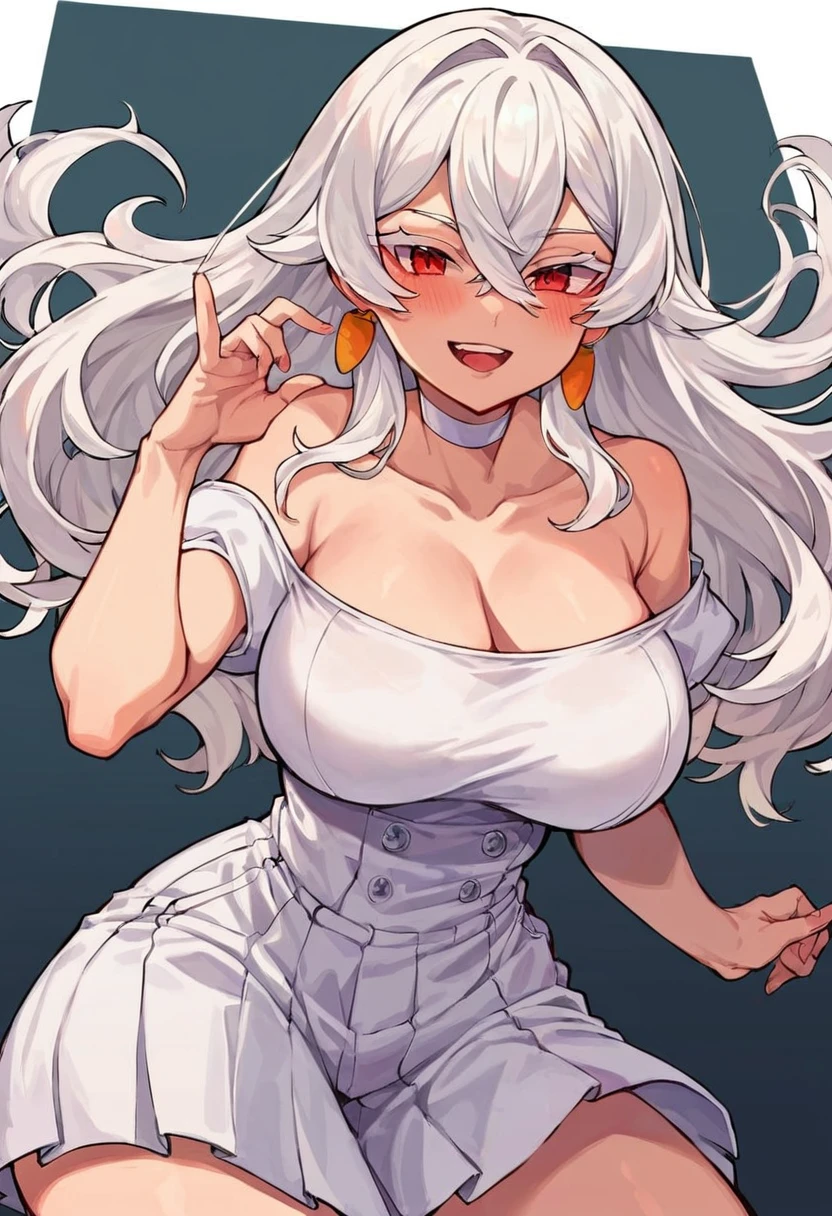 score_9, score_8_up, score_7_up, rating safe, 2D, flat colors, flat shading, virtual youtuber, nous, (indie vtuber), carrot earrings, long hair, big breasts, breasts, looking at viewer, blush, smile, white hair, hair between eyes, hair intakes, red eyes, white eyelashes, colored eyelashes, white choker, dynamic pose, posing for the camera, <lora:Character_Nous:0.25>