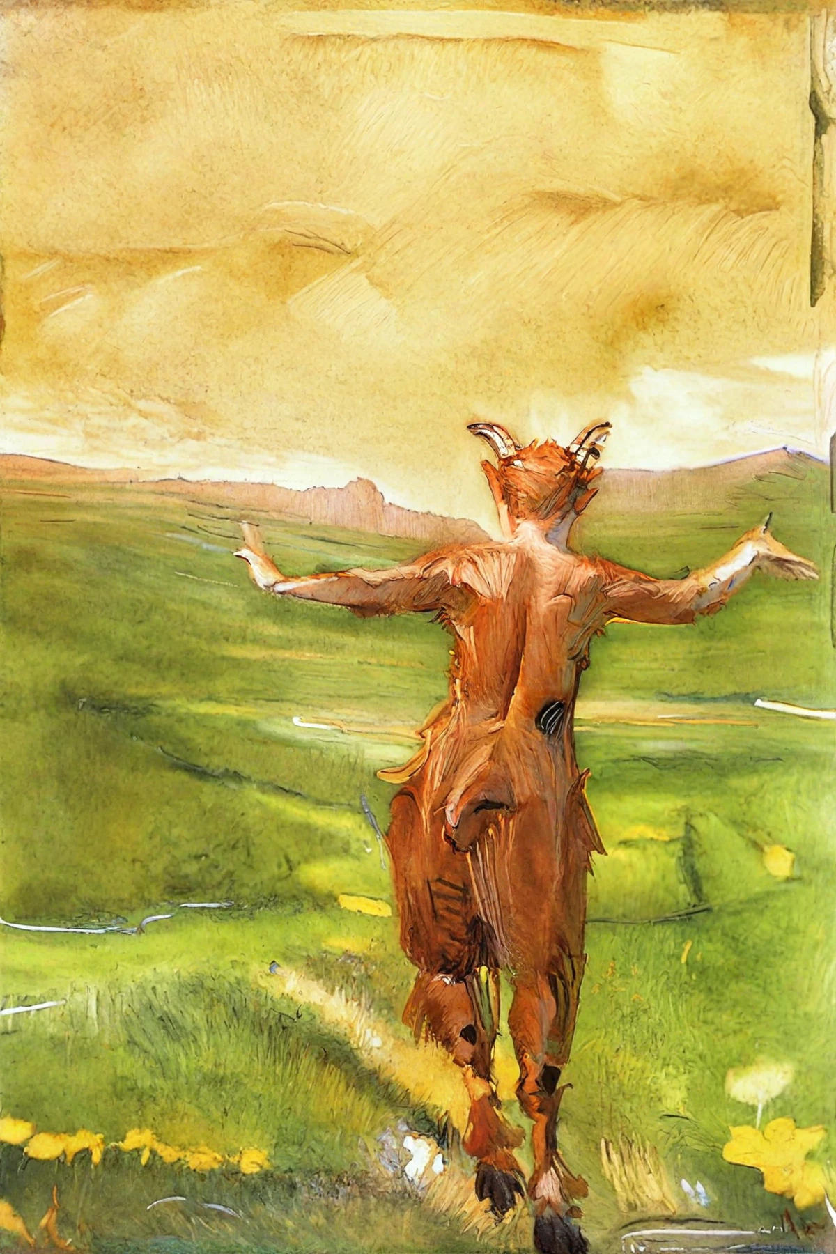 <lora:franz-marc_pony_v3:1> ' country raod  ' by Marc Franz  in 1912,wildlife painting \(genre\), landscape \(genre\),post-impressionism \(style\),  <lora:Satyr:1> satyr, horns, hybrid human, goat legs, score_9, score_6_up, score_7_up